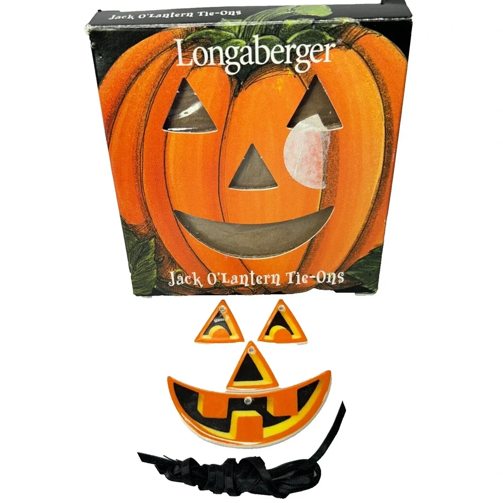 Longaberger Halloween Jack O Lantern Ceramic Face Tie-Ons with Ribbons Box 2000